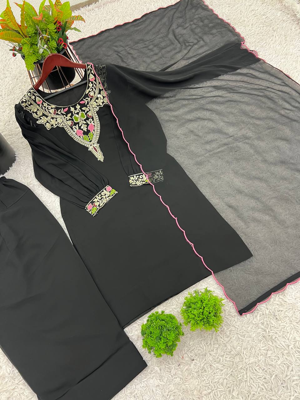 Party Wear Black Color Natural Satin Silk With Embroidery Sequence Work Palazzo Suit