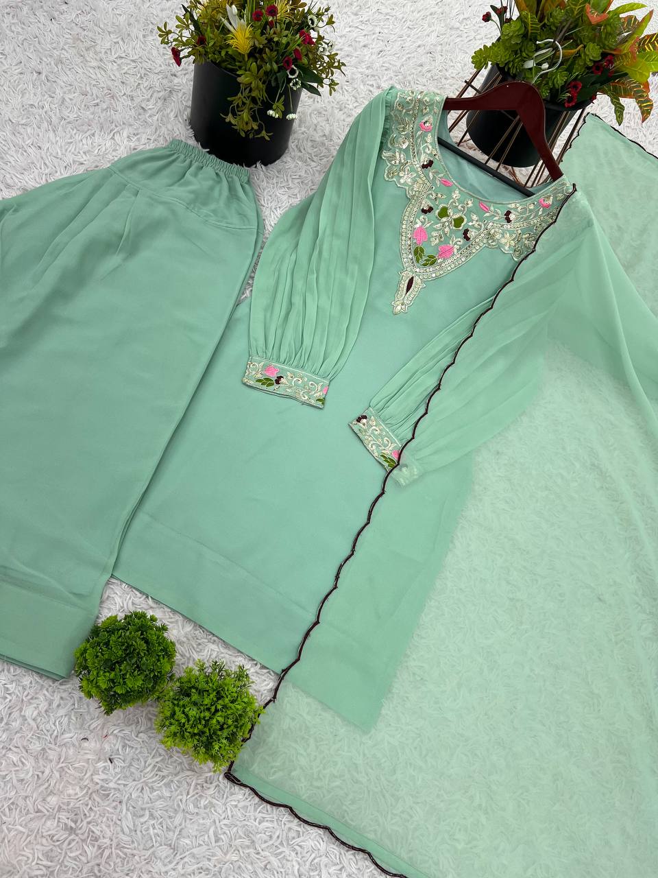 Party Wear Sky Green Color Natural Satin Silk With Embroidery Sequence Work Palazzo Suit