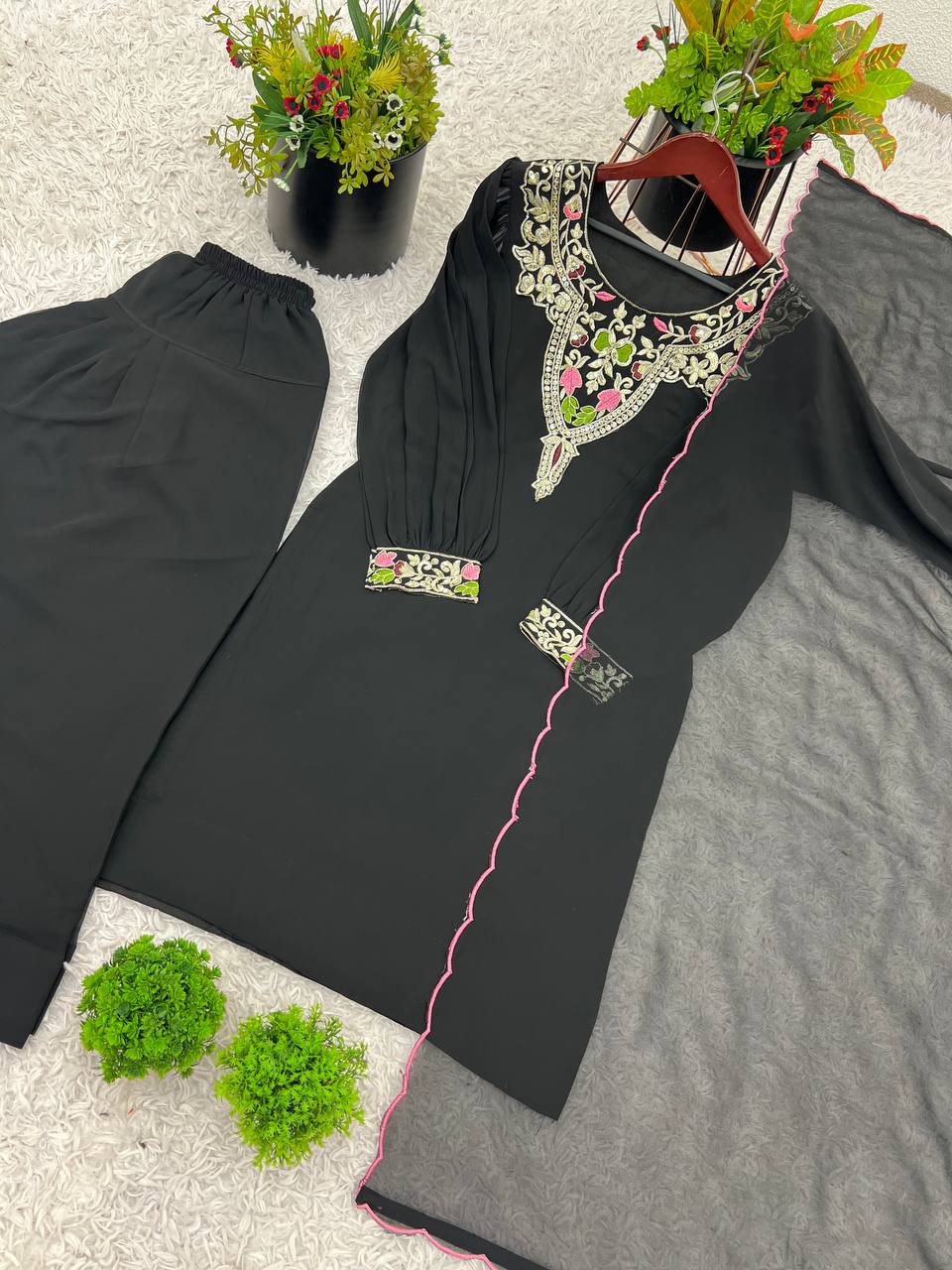 Party Wear Black Color Natural Satin Silk With Embroidery Sequence Work Palazzo Suit