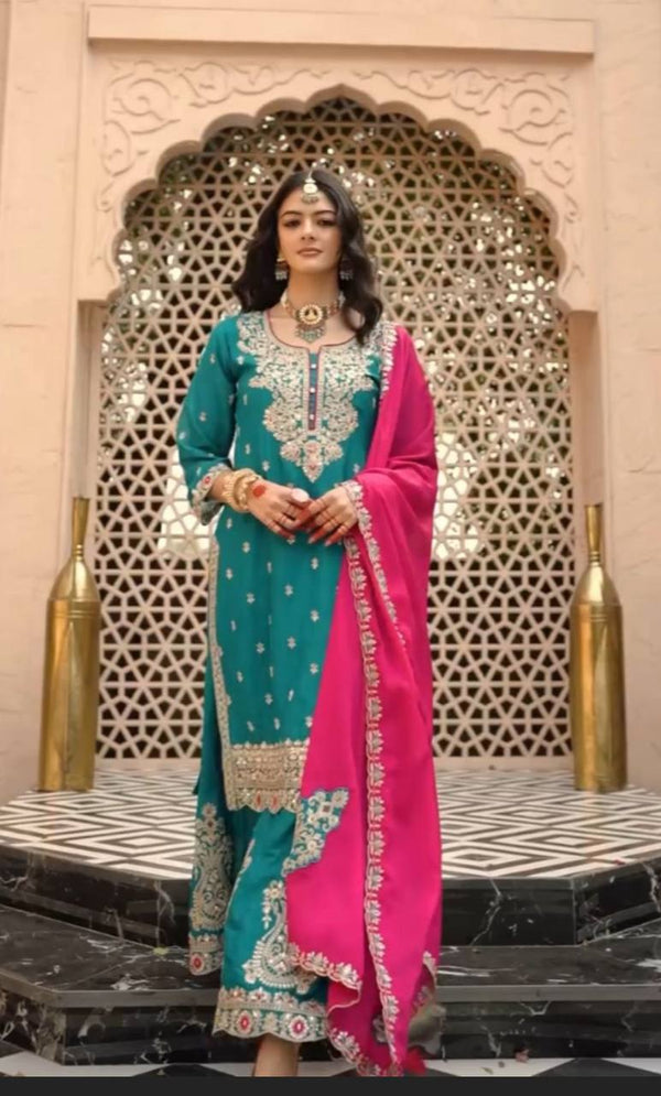 Wedding Wear Teal Green Color Vichitra Silk Heavy Embroidery Thread Work Palazzo Suit