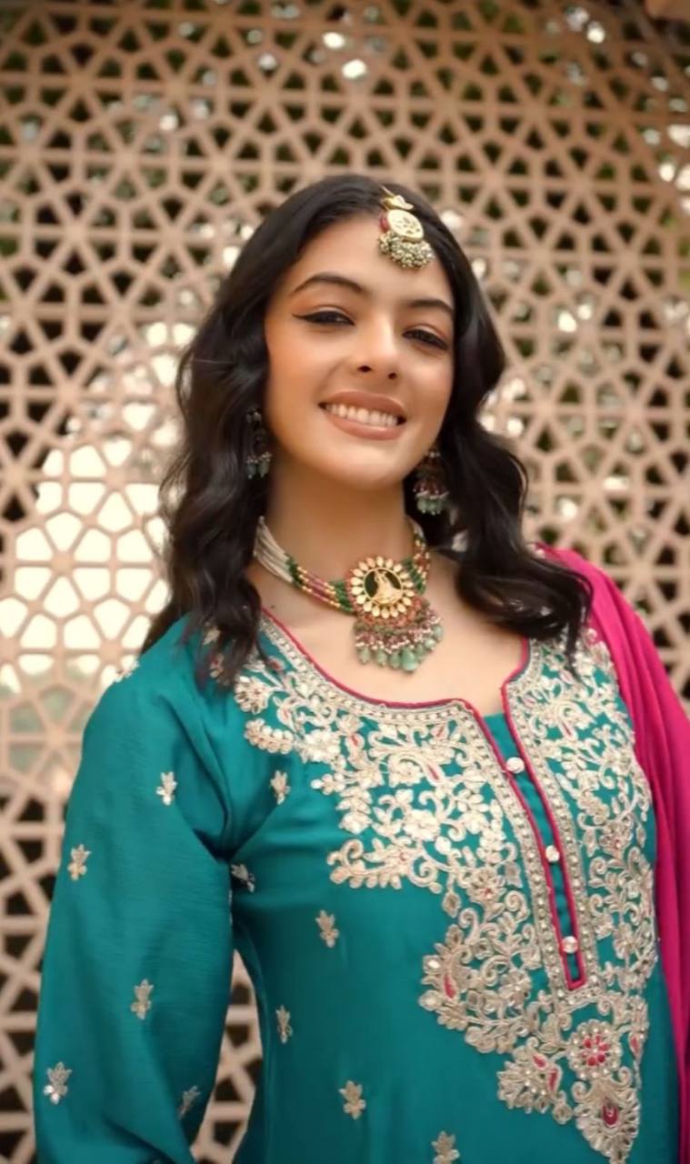 Wedding Wear Teal Green Color Vichitra Silk Heavy Embroidery Thread Work Palazzo Suit