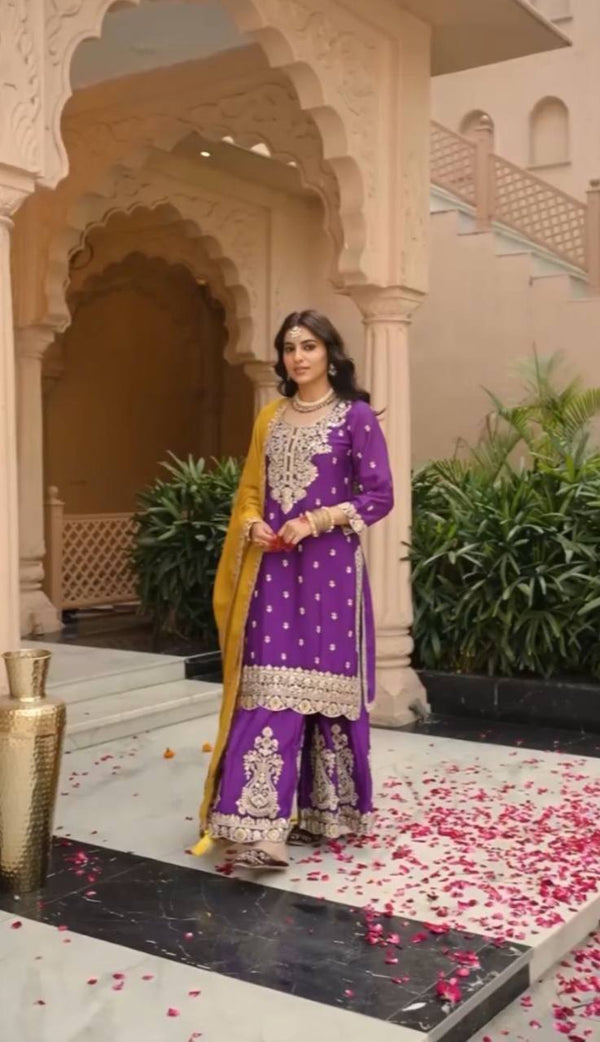 Wedding Wear Purple Color Vichitra Silk Heavy Embroidery Thread Work Palazzo Suit
