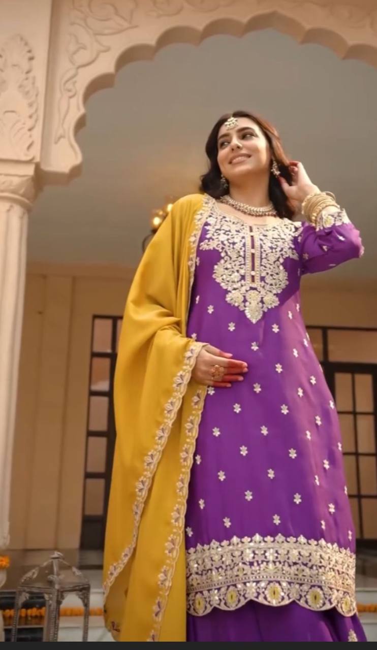 Wedding Wear Purple Color Vichitra Silk Heavy Embroidery Thread Work Palazzo Suit