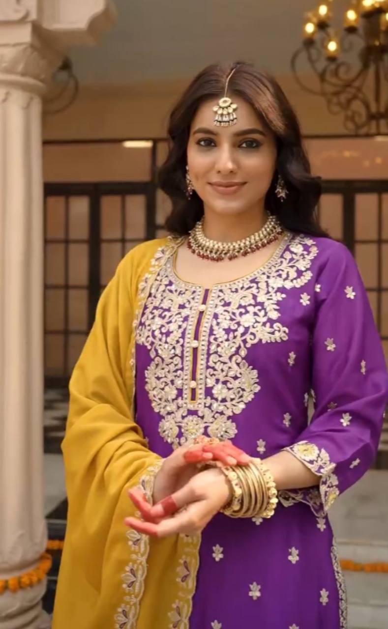 Wedding Wear Purple Color Vichitra Silk Heavy Embroidery Thread Work Palazzo Suit