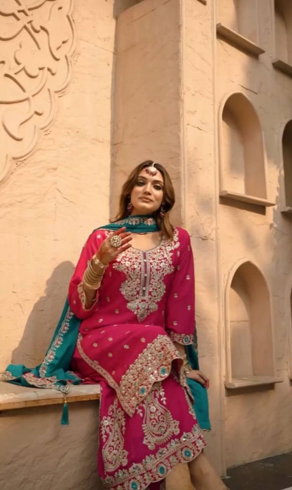 Wedding Wear Maroon Color Vichitra Silk Heavy Embroidery Thread Work Palazzo Suit