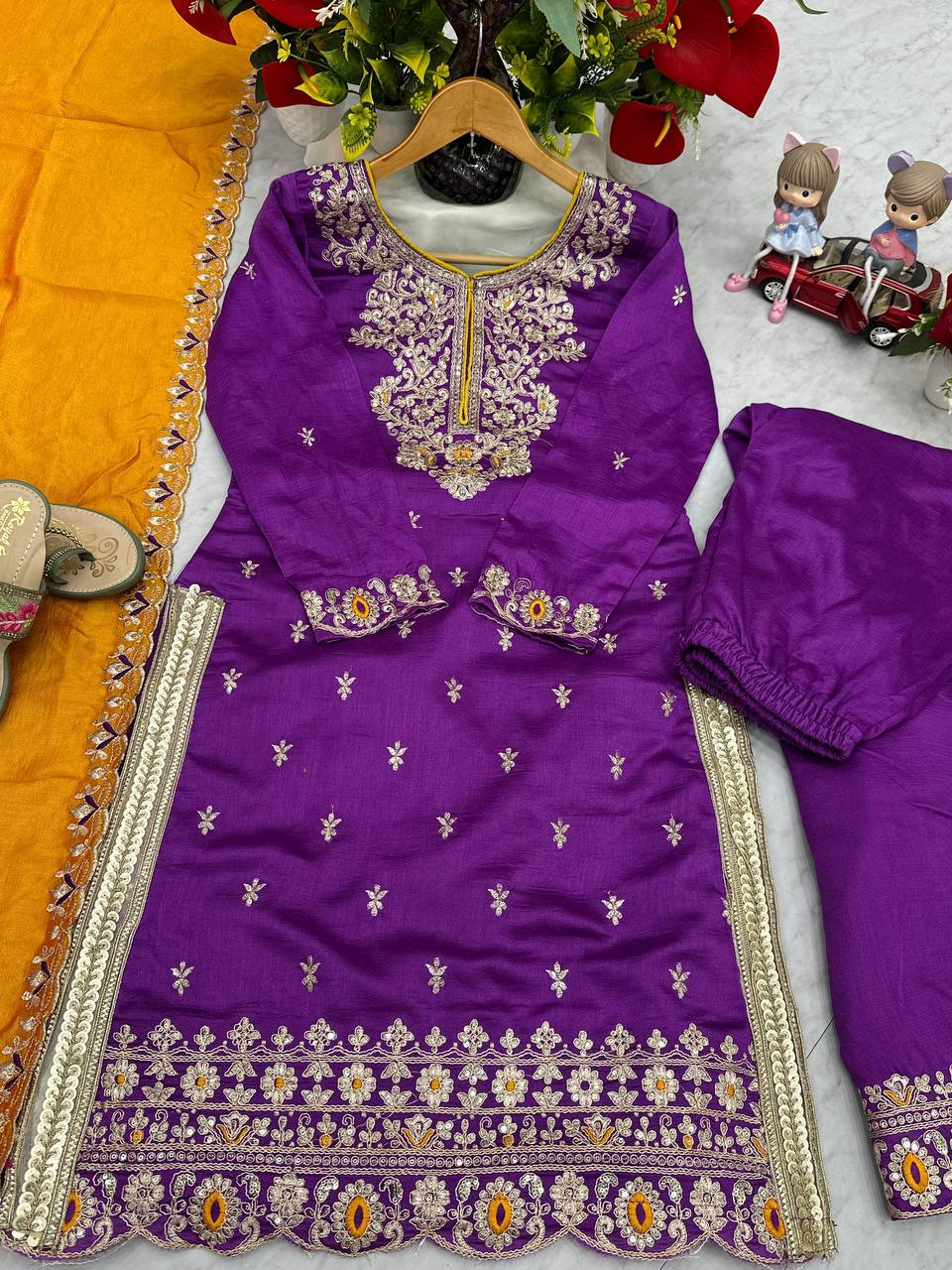 Wedding Wear Purple Color Vichitra Silk Heavy Embroidery Thread Work Palazzo Suit