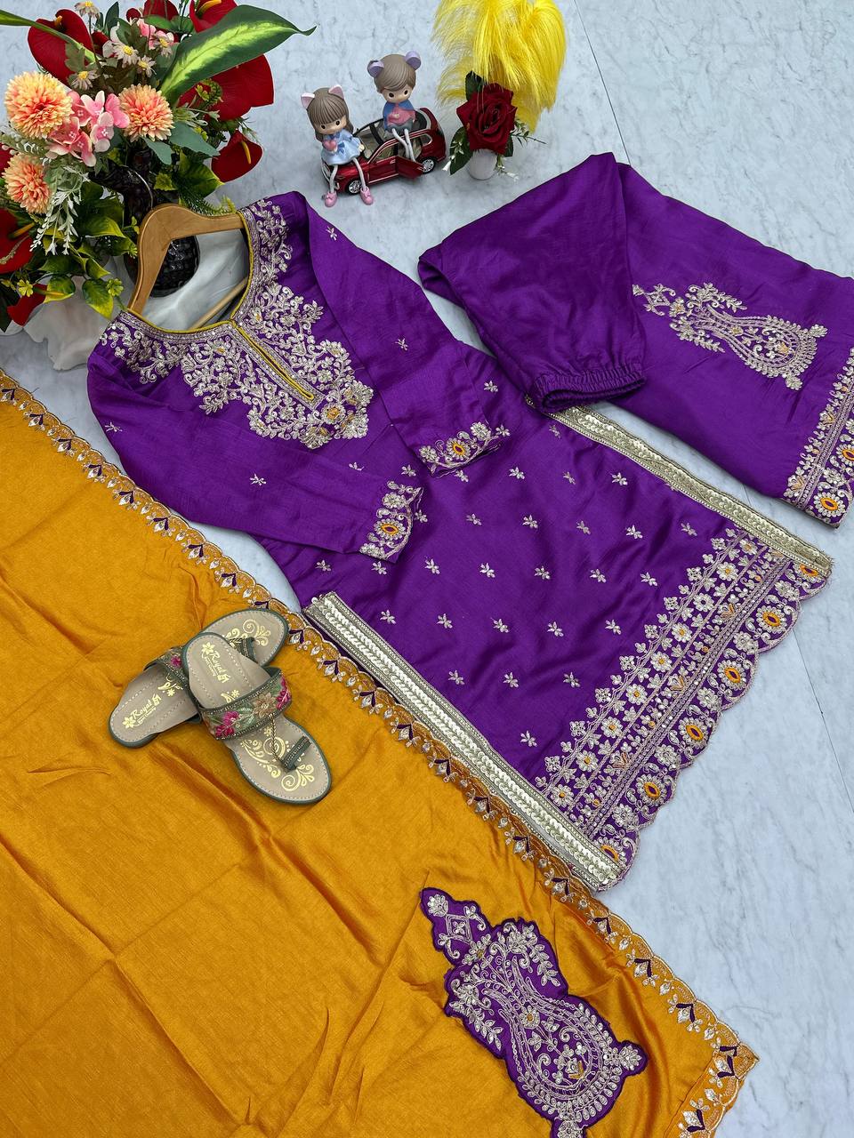 Wedding Wear Purple Color Vichitra Silk Heavy Embroidery Thread Work Palazzo Suit