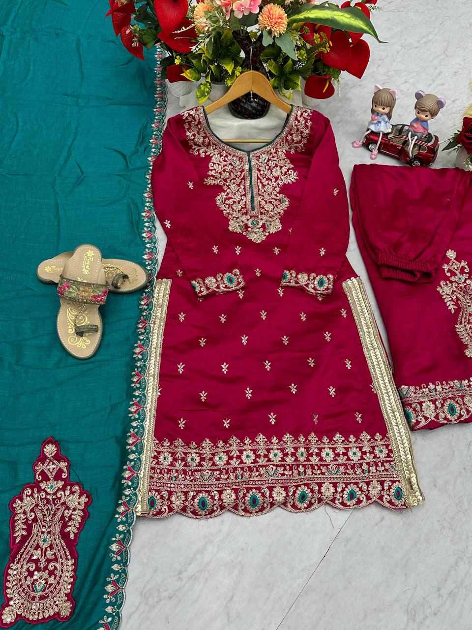 Wedding Wear Maroon Color Vichitra Silk Heavy Embroidery Thread Work Palazzo Suit