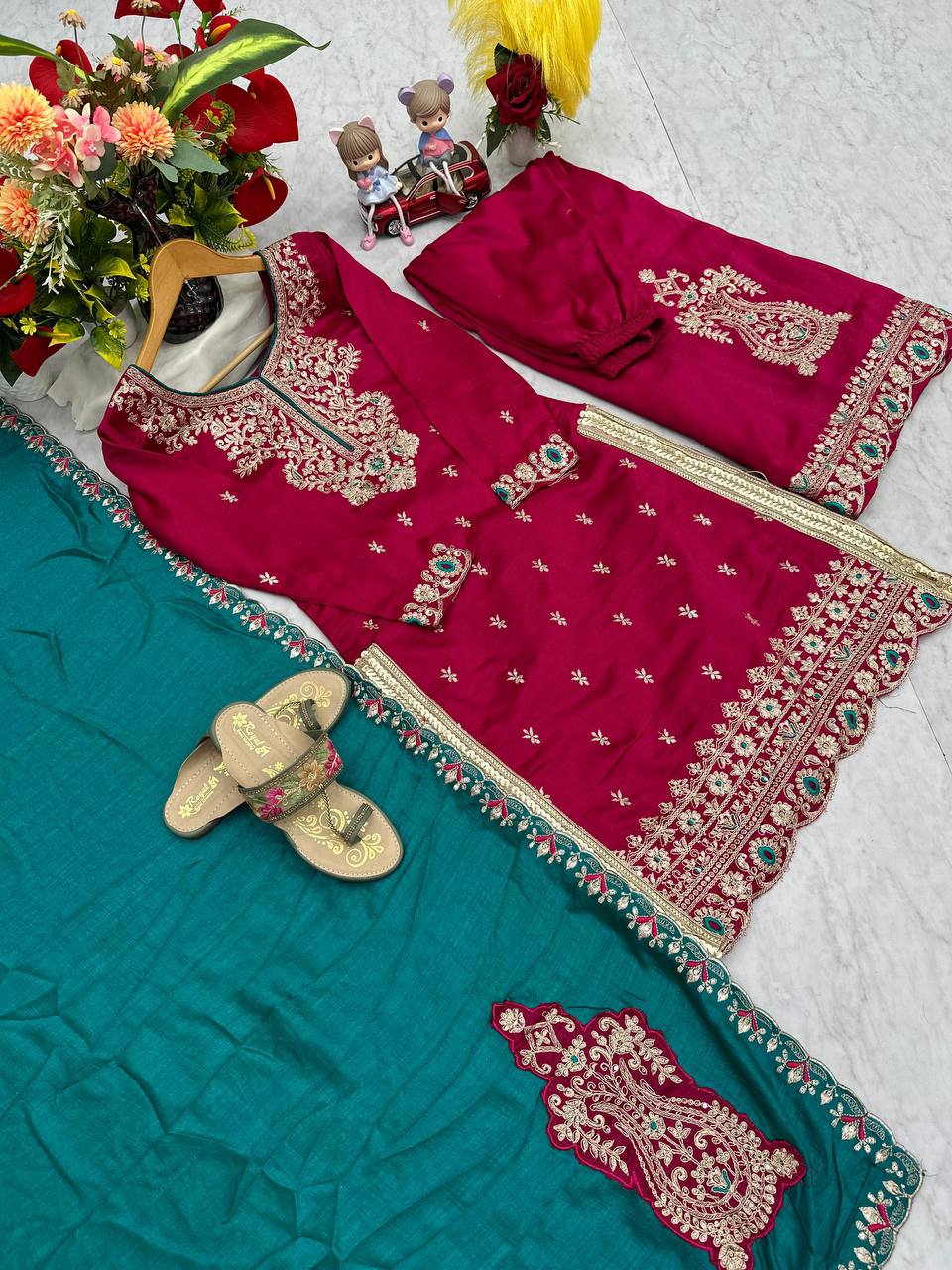 Wedding Wear Maroon Color Vichitra Silk Heavy Embroidery Thread Work Palazzo Suit