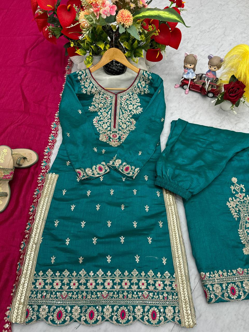 Wedding Wear Teal Green Color Vichitra Silk Heavy Embroidery Thread Work Palazzo Suit