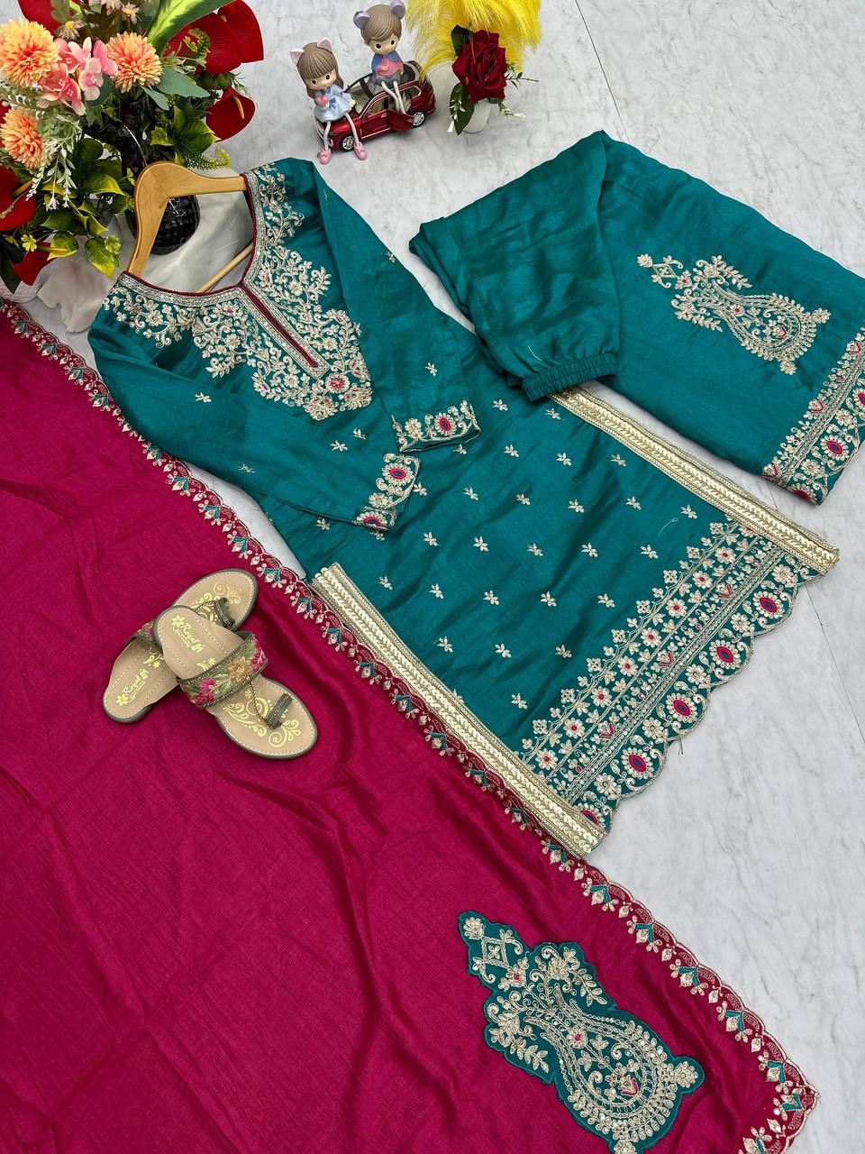Wedding Wear Teal Green Color Vichitra Silk Heavy Embroidery Thread Work Palazzo Suit