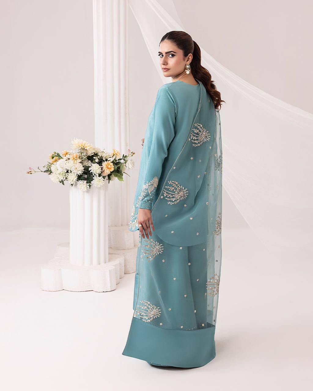 Glimmering Sky Blue Color Pure Natural Crepe With Embroidery Work Palazzo Suit