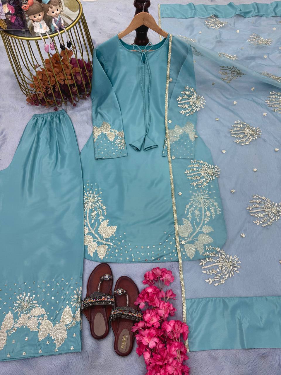 Glimmering Sky Blue Color Pure Natural Crepe With Embroidery Work Palazzo Suit