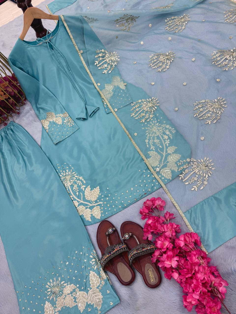 Glimmering Sky Blue Color Pure Natural Crepe With Embroidery Work Palazzo Suit