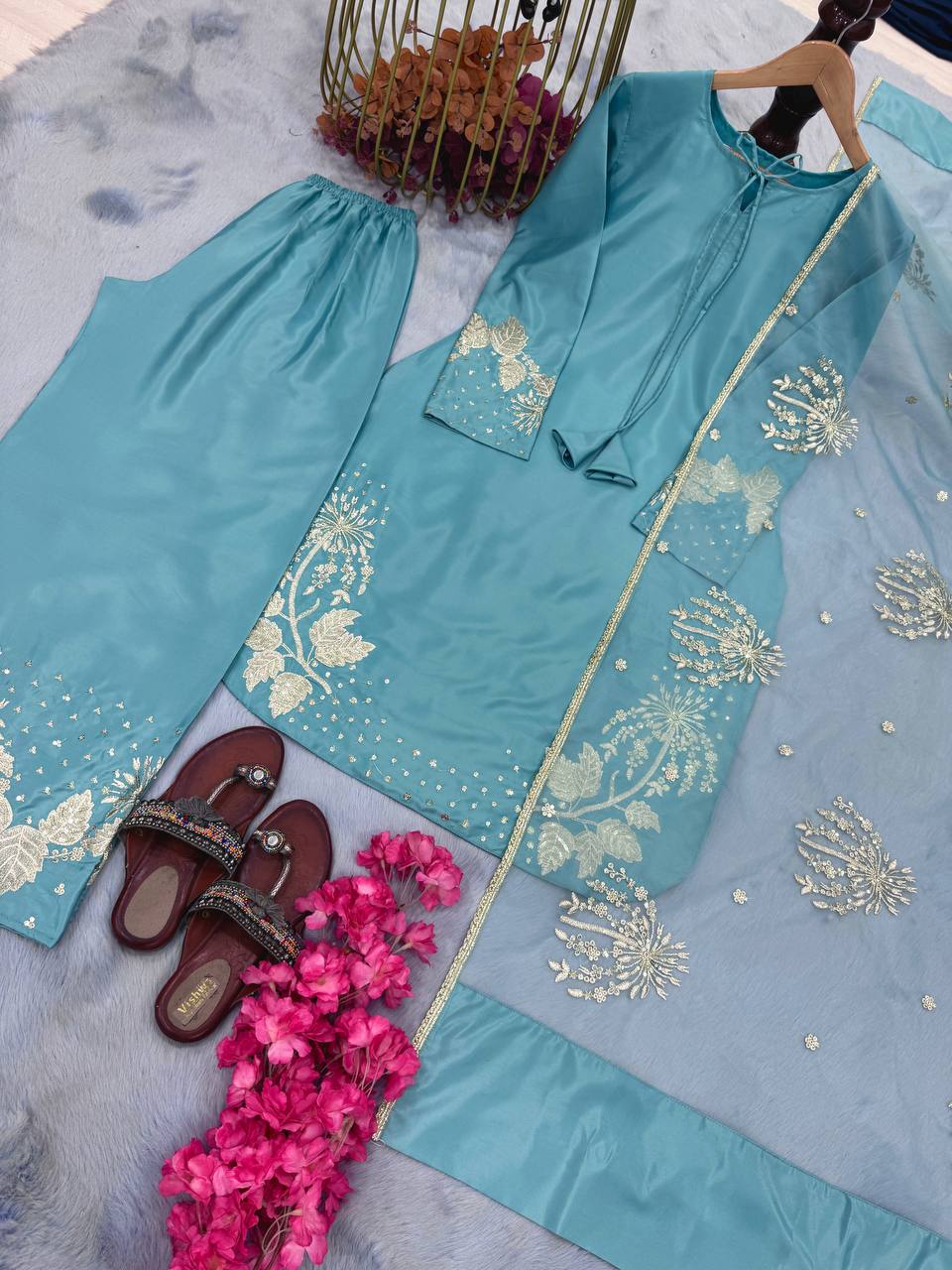 Glimmering Sky Blue Color Pure Natural Crepe With Embroidery Work Palazzo Suit