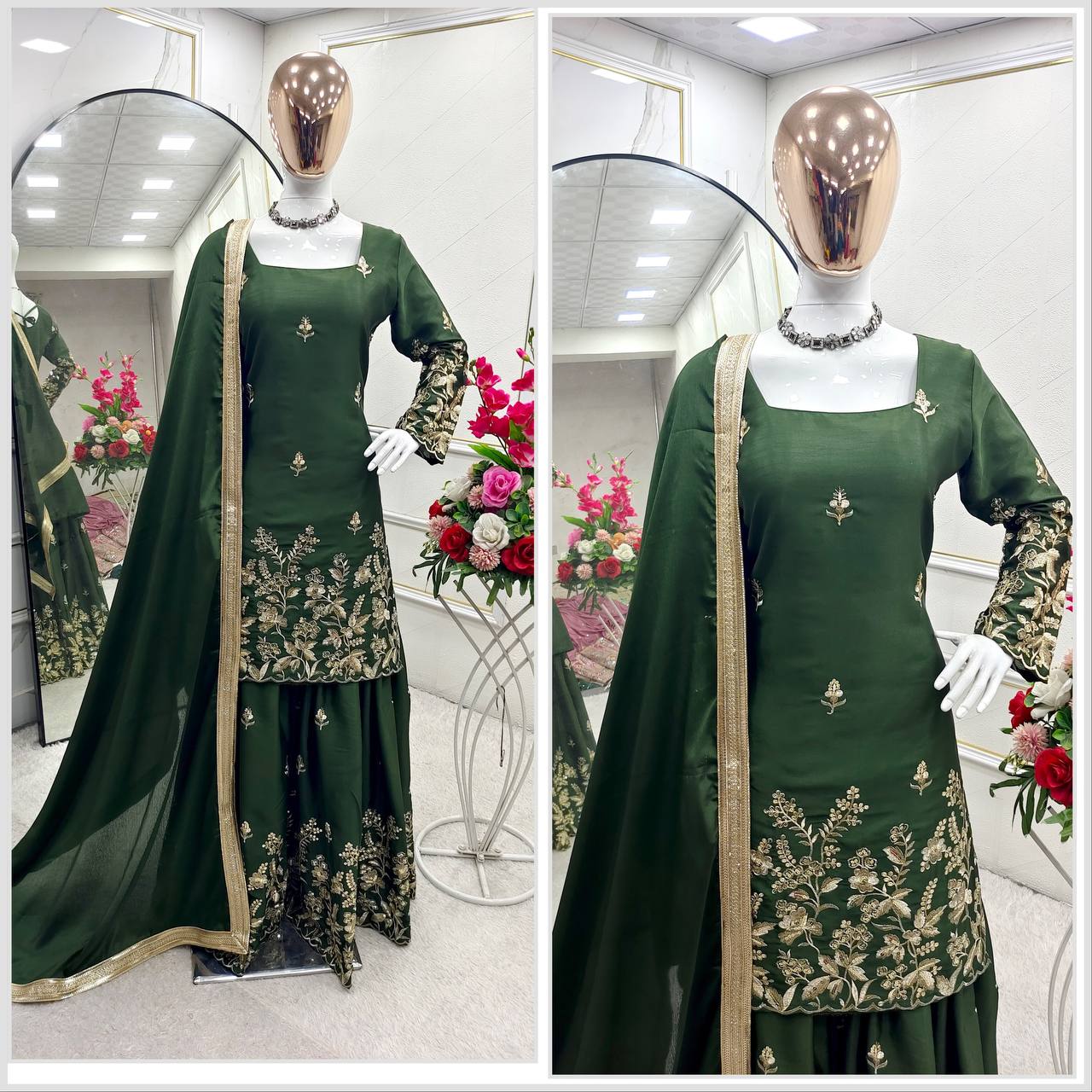 Occasion Wear Dark Green Color Pure Cinon Silk With Heavy Embroidery Sequence Work Sharara Suit