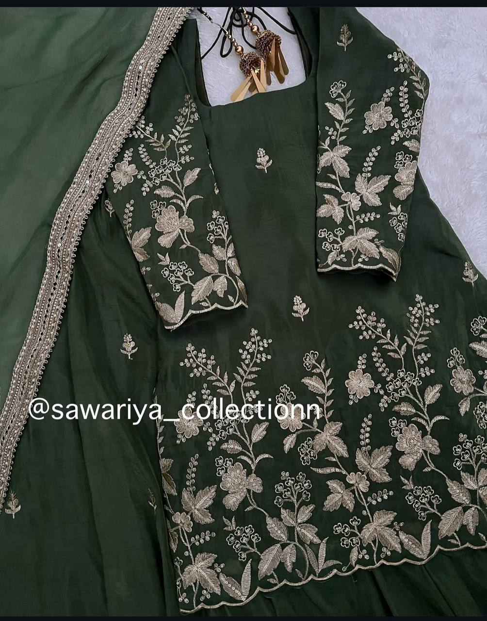 Occasion Wear Dark Green Color Pure Cinon Silk With Heavy Embroidery Sequence Work Sharara Suit