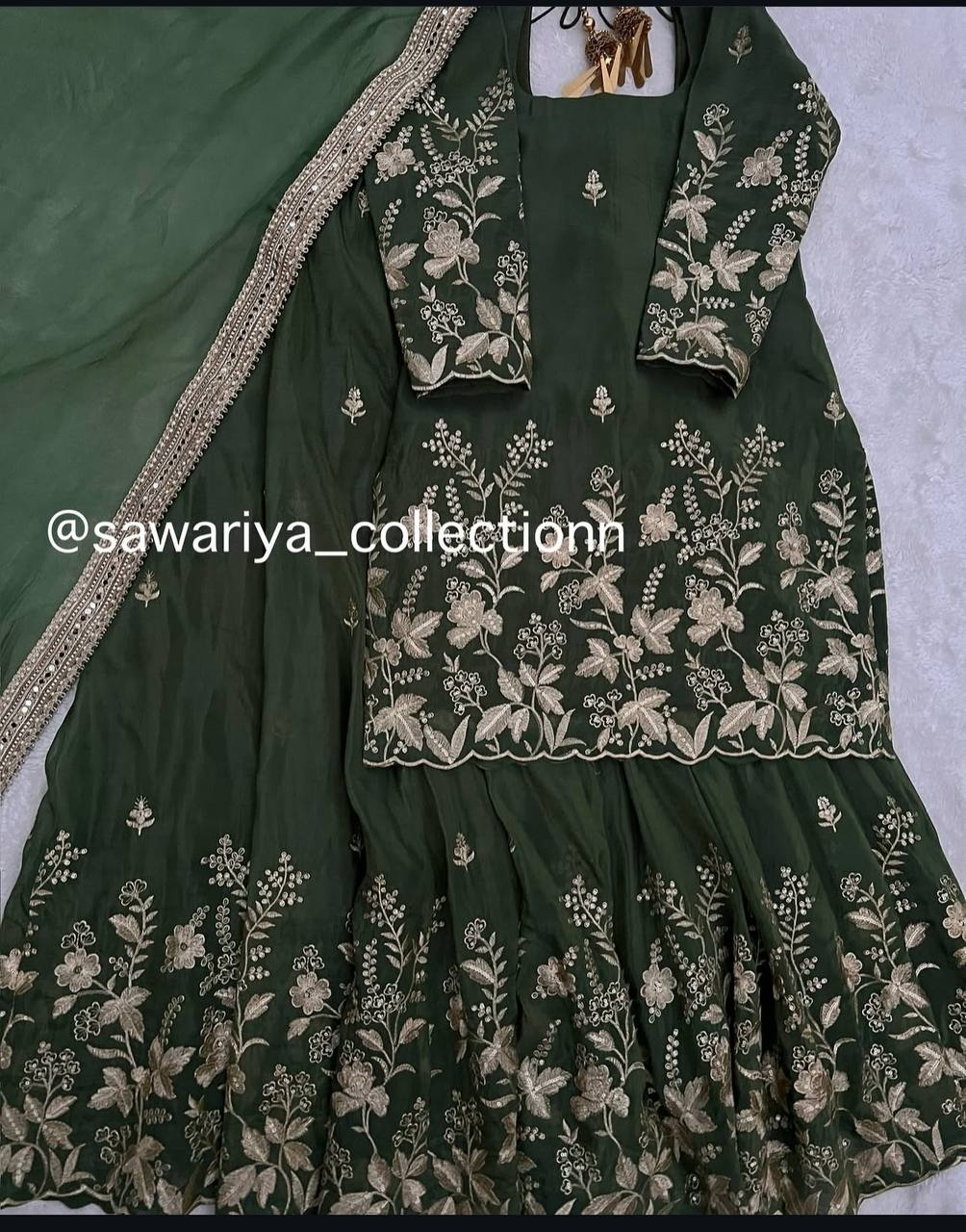 Occasion Wear Dark Green Color Pure Cinon Silk With Heavy Embroidery Sequence Work Sharara Suit