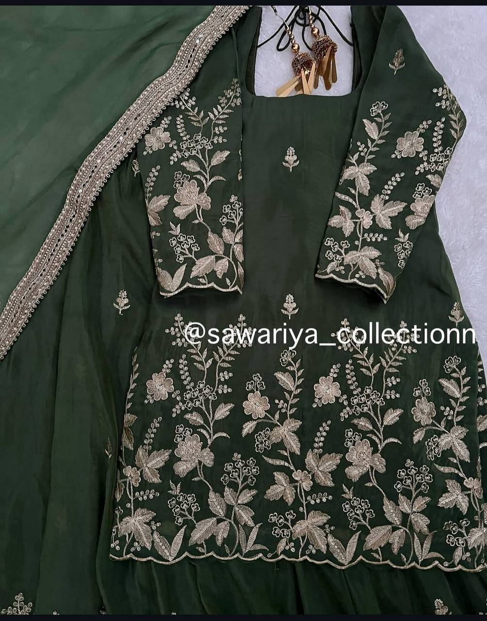 Occasion Wear Dark Green Color Pure Cinon Silk With Heavy Embroidery Sequence Work Sharara Suit