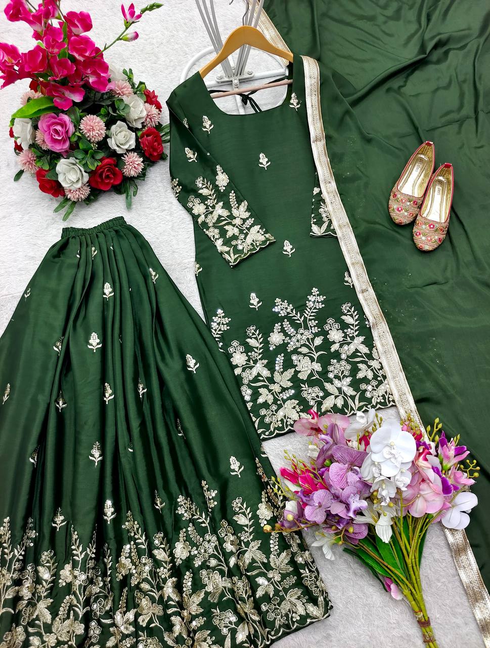 Occasion Wear Dark Green Color Pure Cinon Silk With Heavy Embroidery Sequence Work Sharara Suit