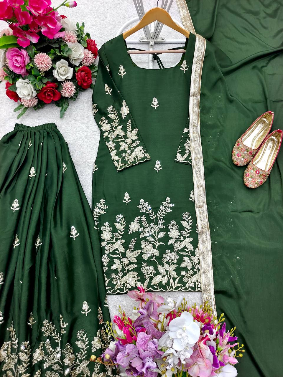 Occasion Wear Dark Green Color Pure Cinon Silk With Heavy Embroidery Sequence Work Sharara Suit
