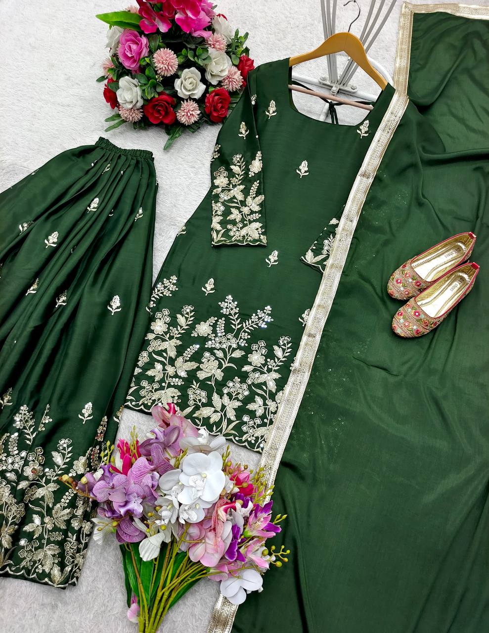 Occasion Wear Dark Green Color Pure Cinon Silk With Heavy Embroidery Sequence Work Sharara Suit