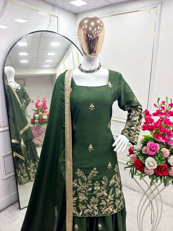 Occasion Wear Dark Green Color Pure Cinon Silk With Heavy Embroidery Sequence Work Sharara Suit