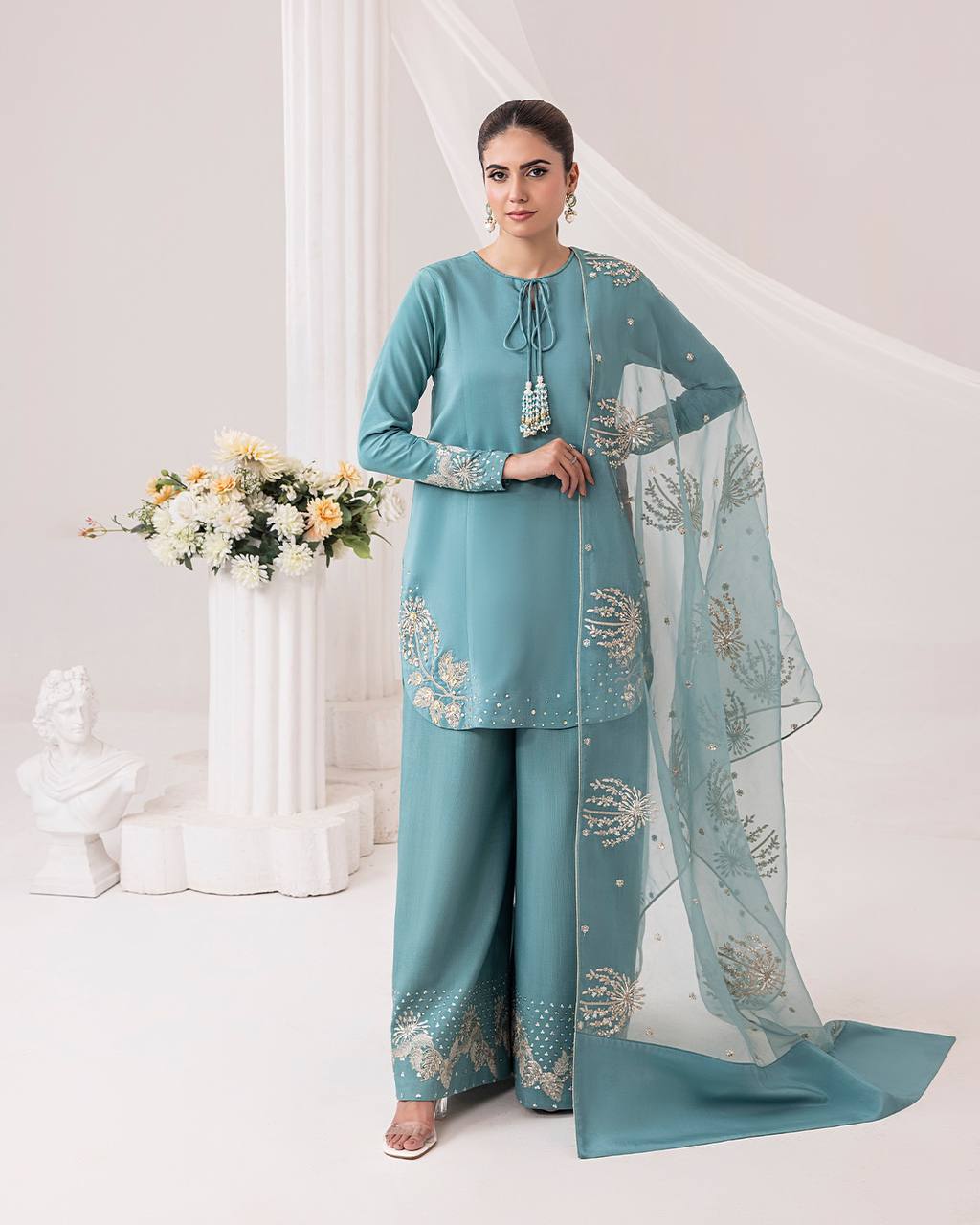 Celebrity Style Sky Blue Color Pure Natural Crep Silk With Embroidery Sequence Work Palazzo Suit
