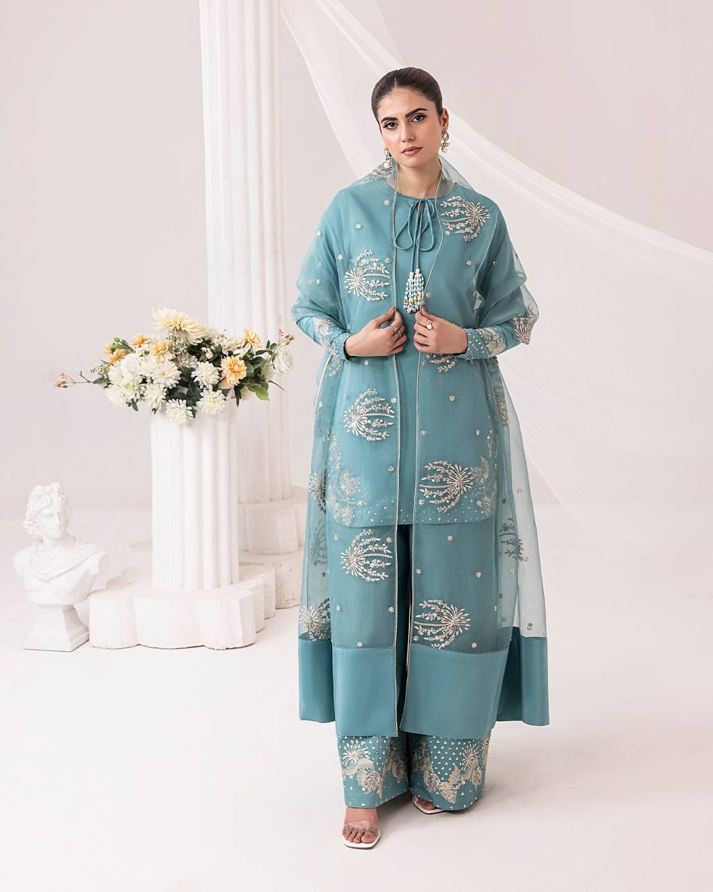 Celebrity Style Sky Blue Color Pure Natural Crep Silk With Embroidery Sequence Work Palazzo Suit