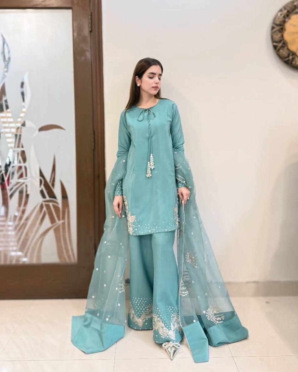 Celebrity Style Sky Blue Color Pure Natural Crep Silk With Embroidery Sequence Work Palazzo Suit