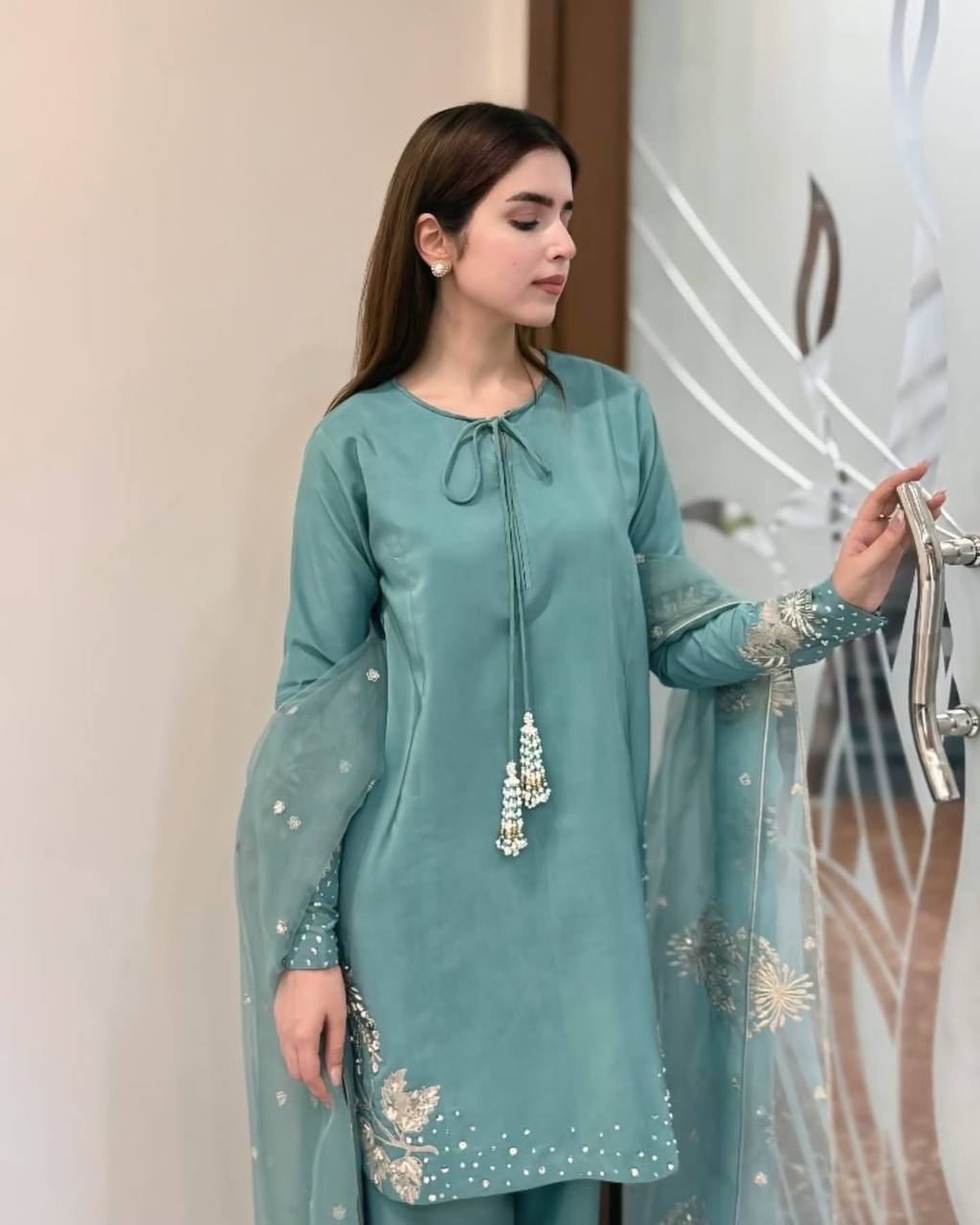 Celebrity Style Sky Blue Color Pure Natural Crep Silk With Embroidery Sequence Work Palazzo Suit