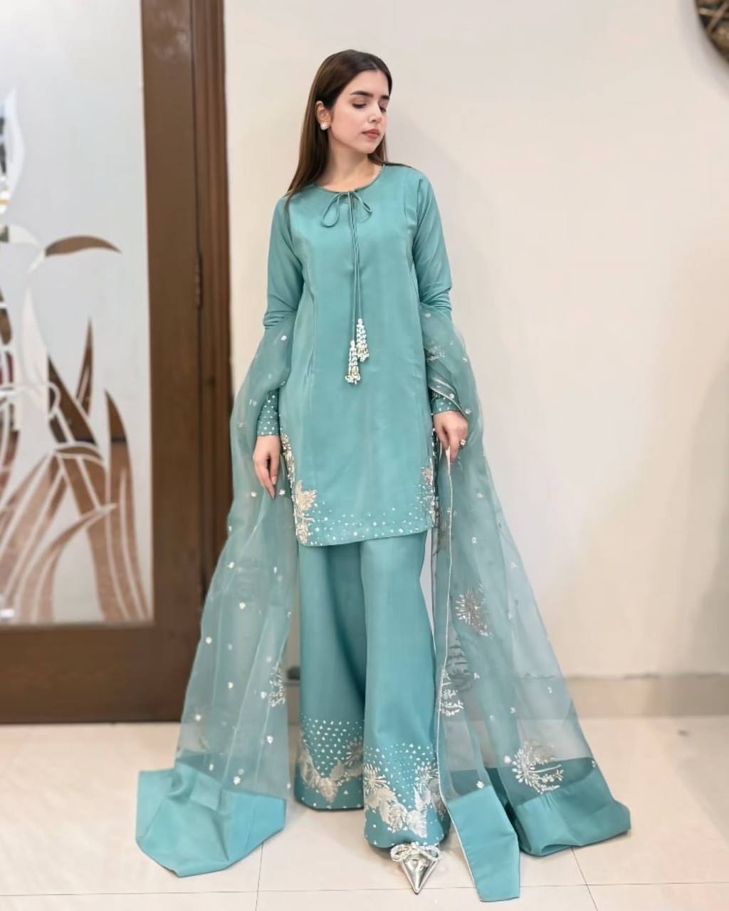 Celebrity Style Sky Blue Color Pure Natural Crep Silk With Embroidery Sequence Work Palazzo Suit