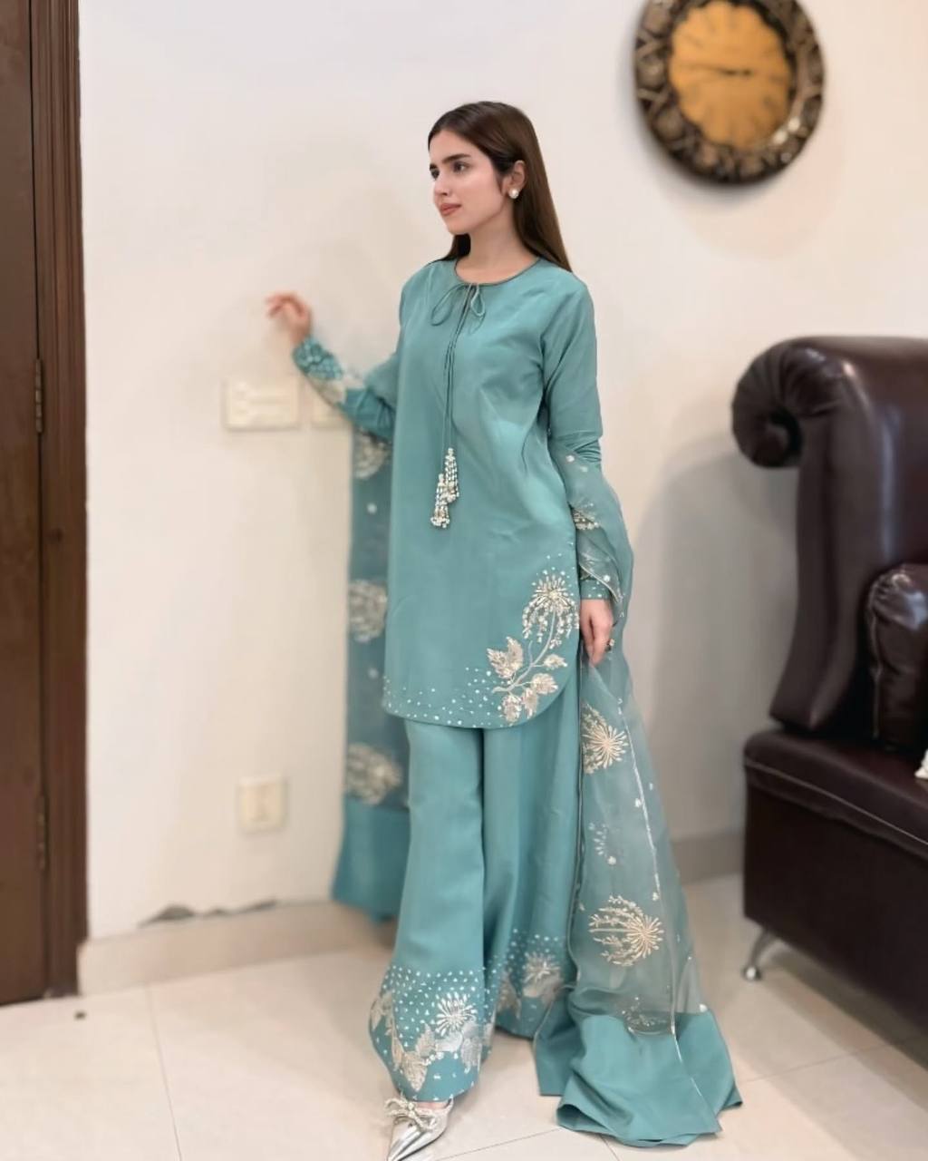 Celebrity Style Sky Blue Color Pure Natural Crep Silk With Embroidery Sequence Work Palazzo Suit