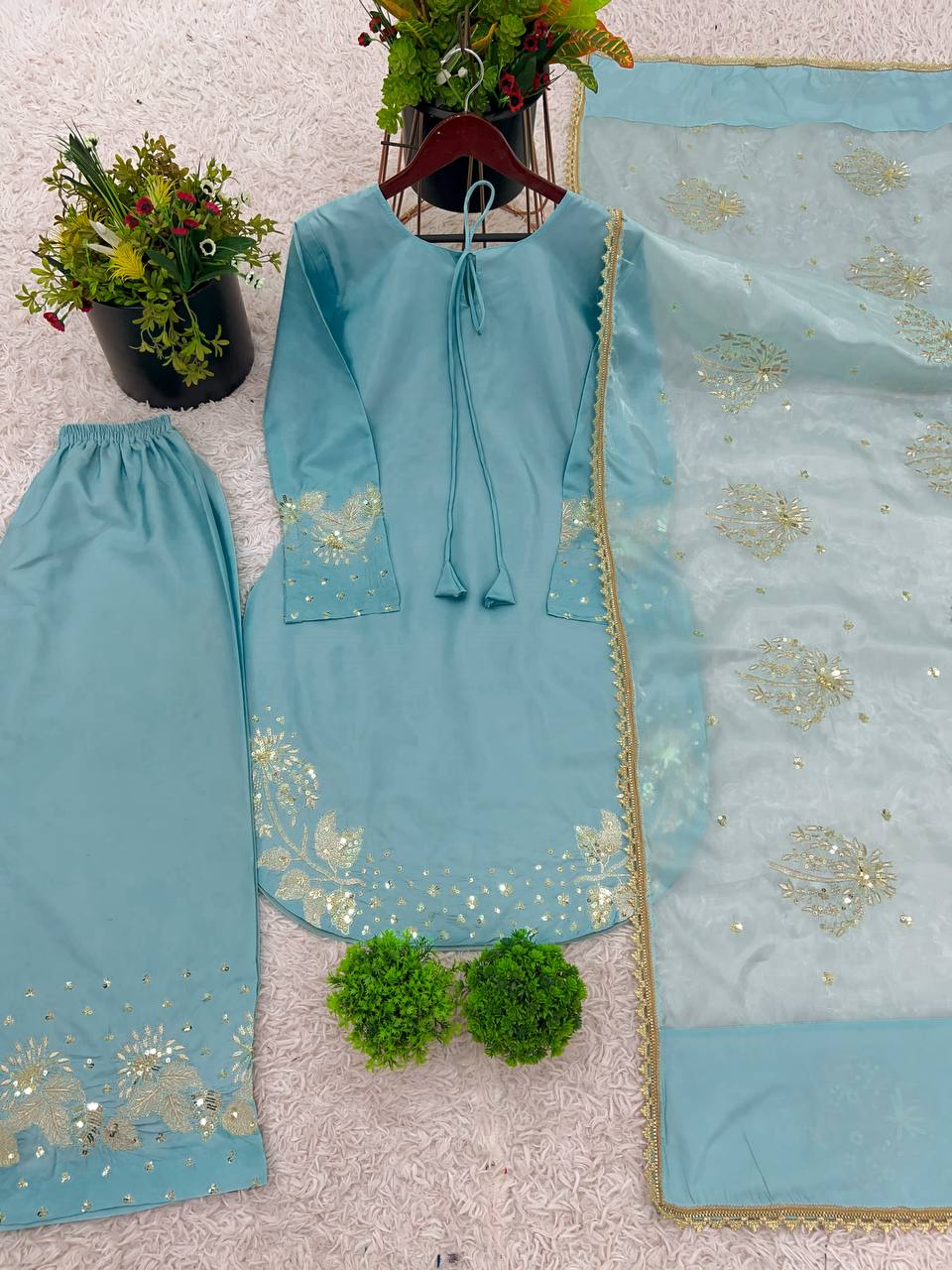 Celebrity Style Sky Blue Color Pure Natural Crep Silk With Embroidery Sequence Work Palazzo Suit