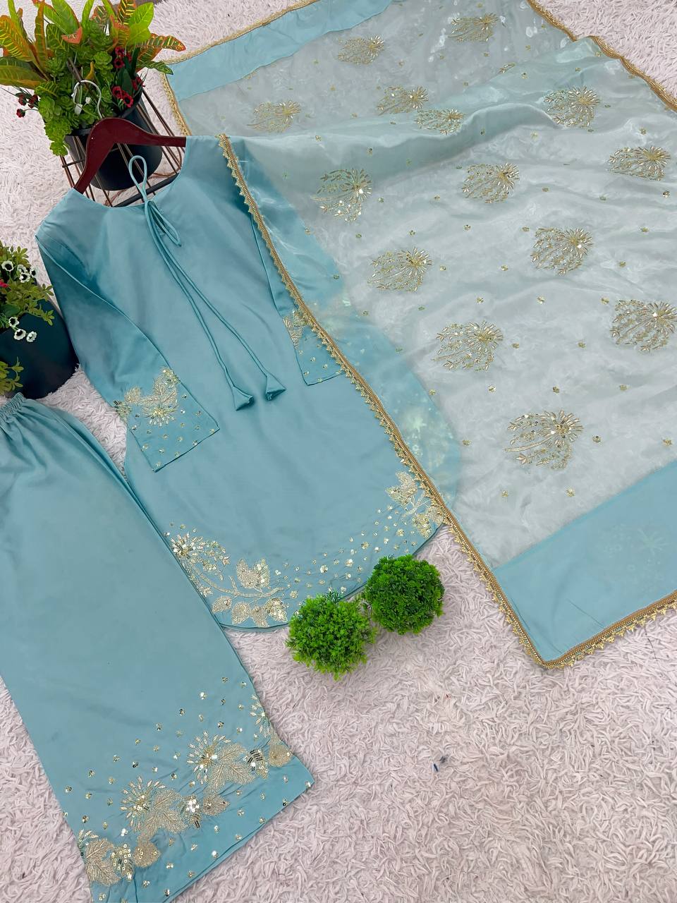 Celebrity Style Sky Blue Color Pure Natural Crep Silk With Embroidery Sequence Work Palazzo Suit