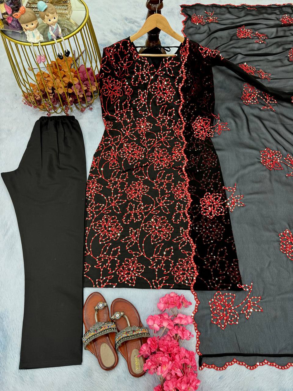 Exclusive Black Color Pure Roman Silk With Embroidery Sequence Work Salwar Suit