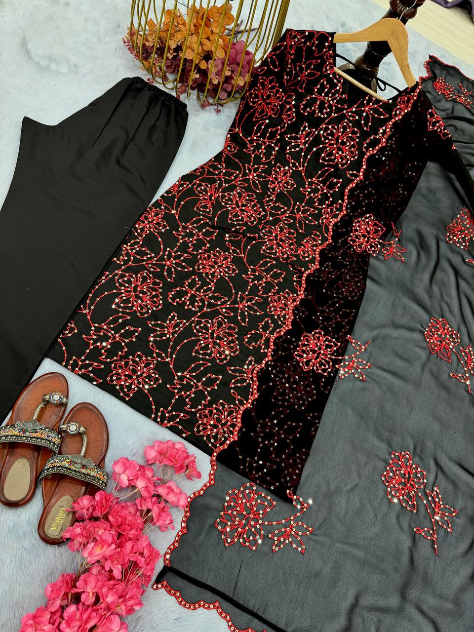 Exclusive Black Color Pure Roman Silk With Embroidery Sequence Work Salwar Suit