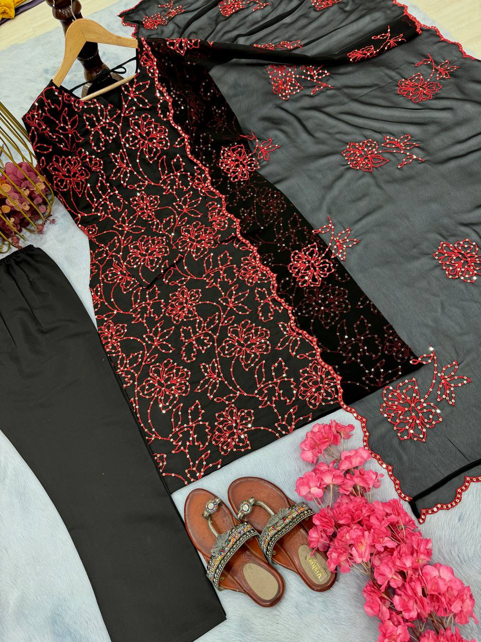 Exclusive Black Color Pure Roman Silk With Embroidery Sequence Work Salwar Suit