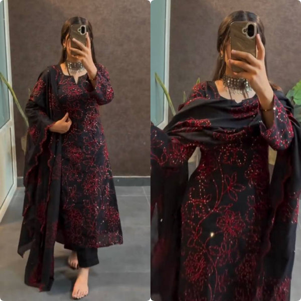 Exclusive Black Color Pure Roman Silk With Embroidery Sequence Work Salwar Suit