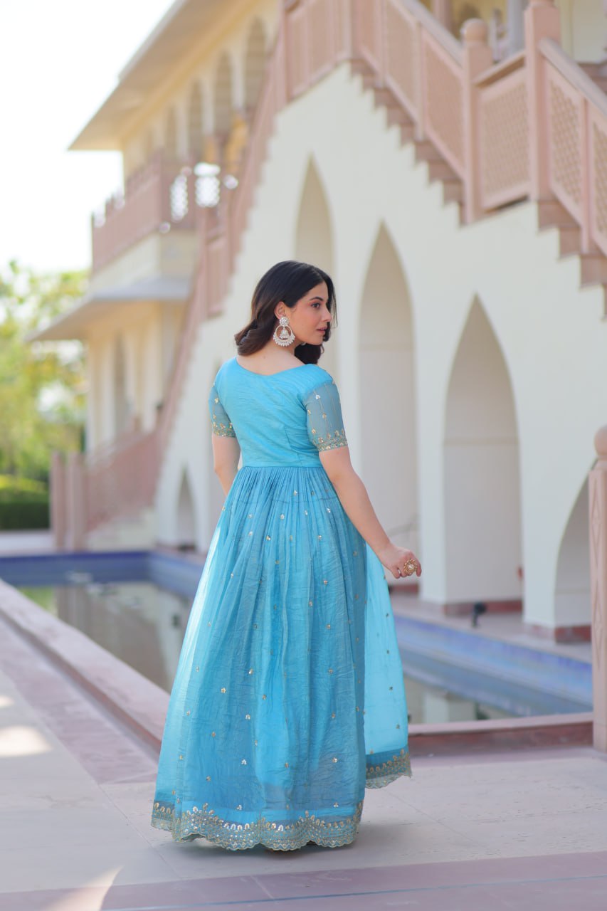 Party Wear Sky Blue Color Gold Crush With Multi Thread Embroidery Work