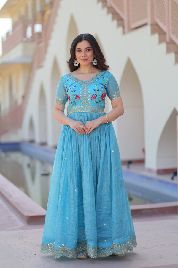Party Wear Sky Blue Color Gold Crush With Multi Thread Embroidery Work