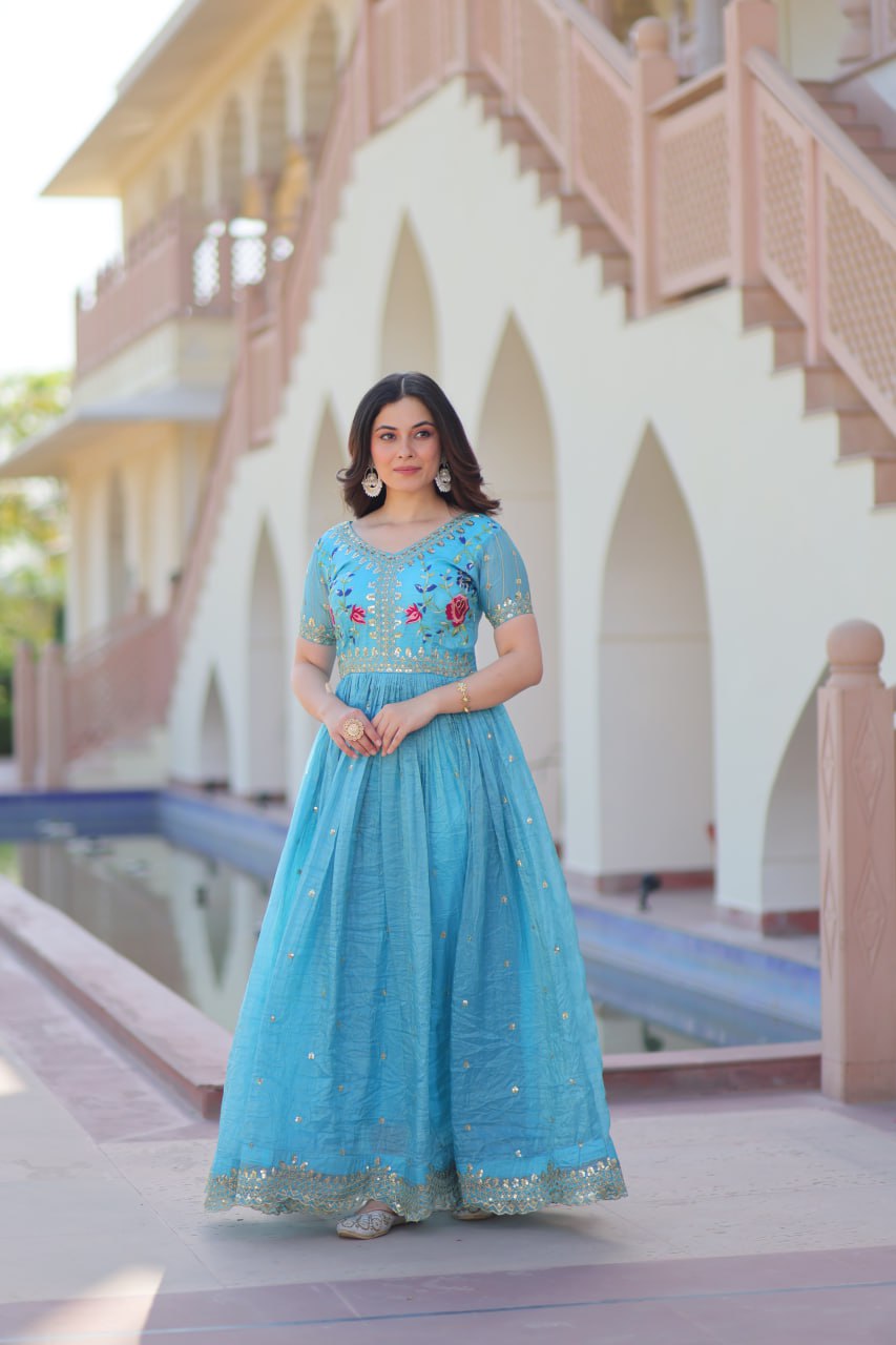 Party Wear Sky Blue Color Gold Crush With Multi Thread Embroidery Work