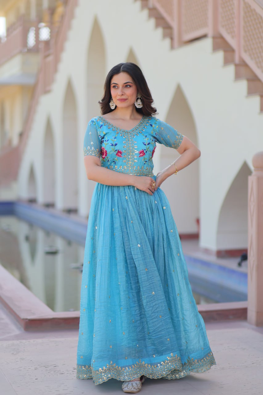 Party Wear Sky Blue Color Gold Crush With Multi Thread Embroidery Work