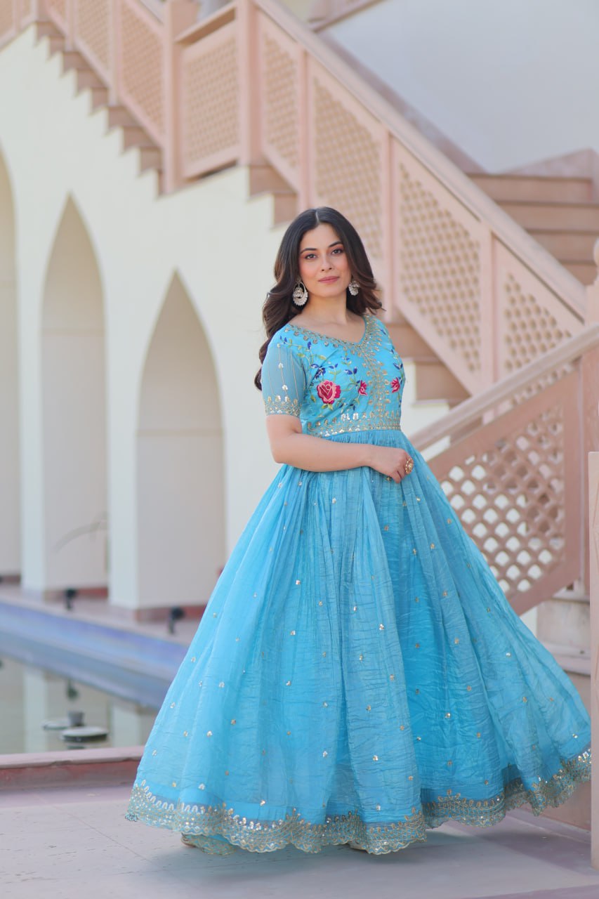 Party Wear Sky Blue Color Gold Crush With Multi Thread Embroidery Work