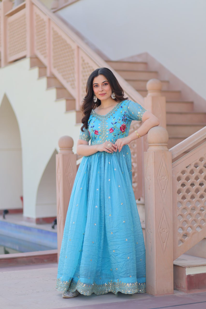 Party Wear Sky Blue Color Gold Crush With Multi Thread Embroidery Work