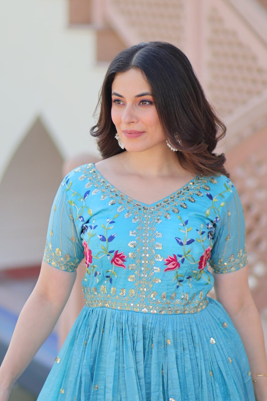 Party Wear Sky Blue Color Gold Crush With Multi Thread Embroidery Work