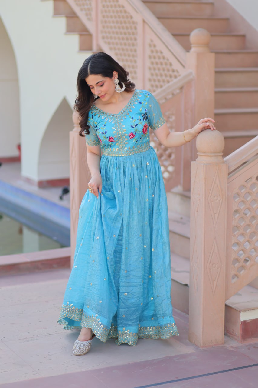 Party Wear Sky Blue Color Gold Crush With Multi Thread Embroidery Work