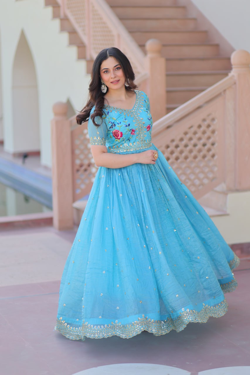 Party Wear Sky Blue Color Gold Crush With Multi Thread Embroidery Work