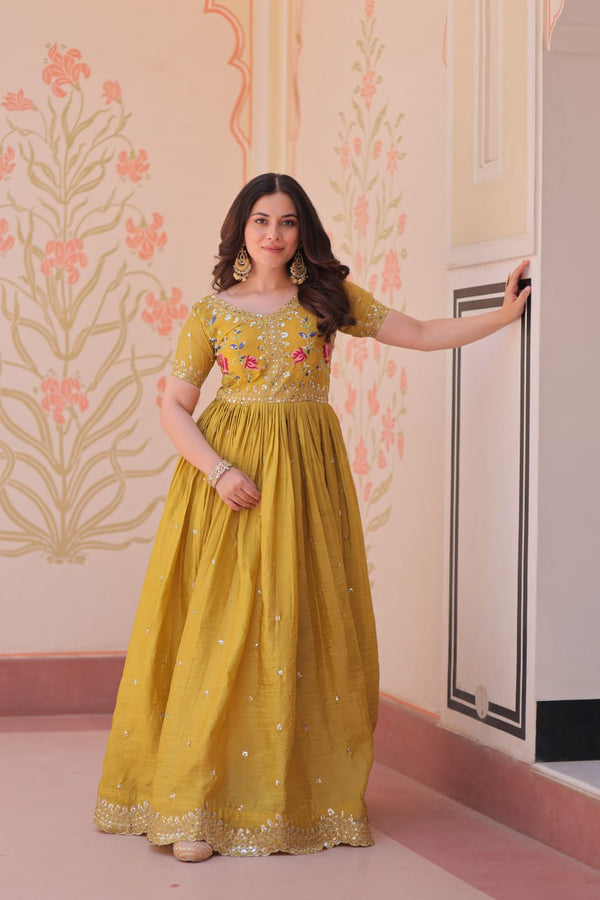 Party Wear Mustard Color Gold Crush With Multi Thread Embroidery Work