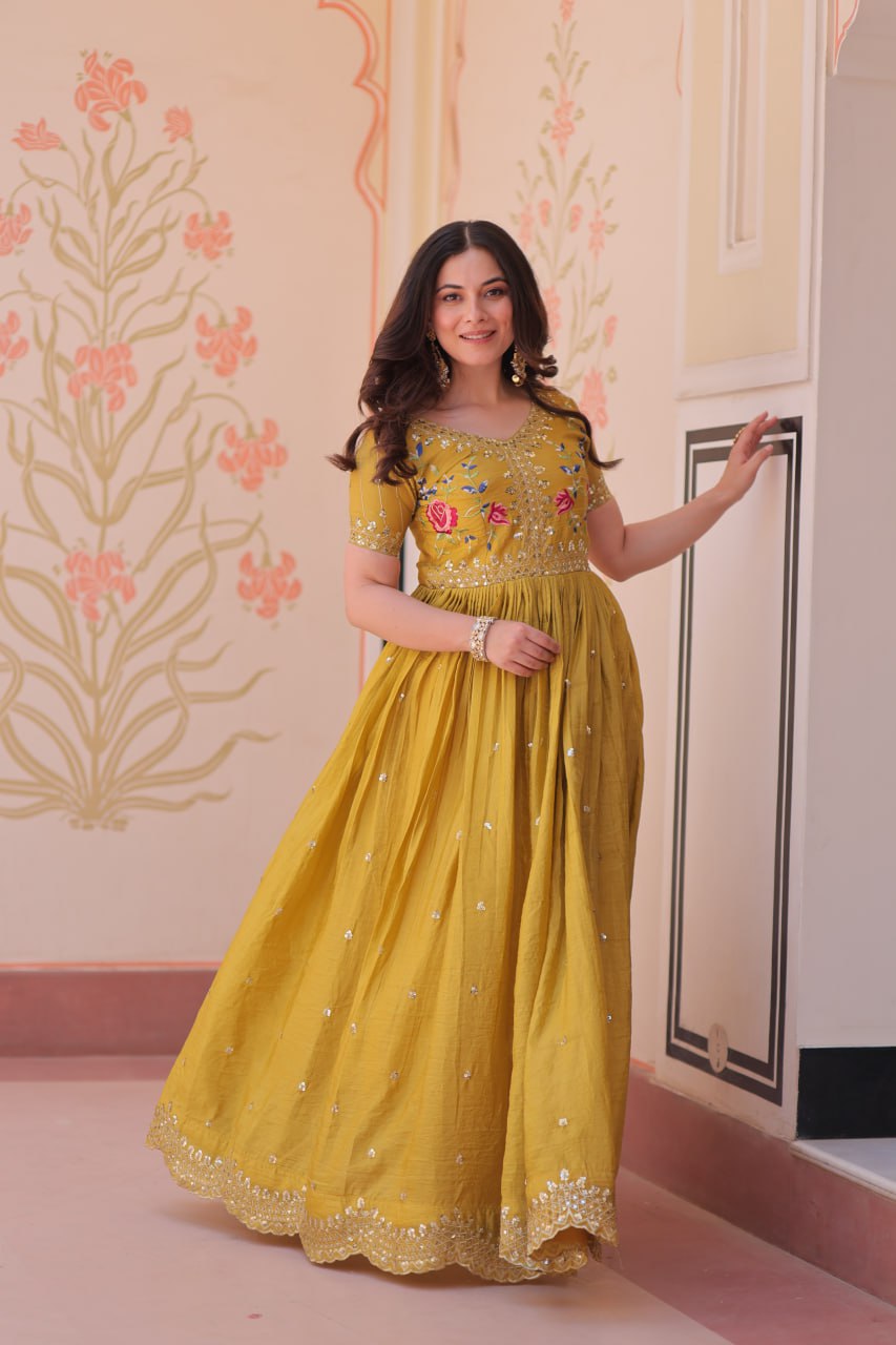 Party Wear Mustard Color Gold Crush With Multi Thread Embroidery Work